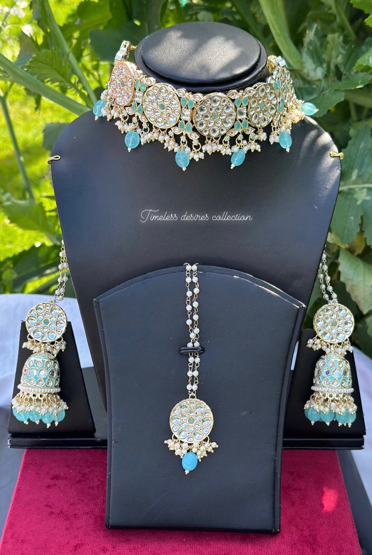 Sky blue or light blue choker / necklace set in meenakari kundan ( Sharara chains attached with jhumka )