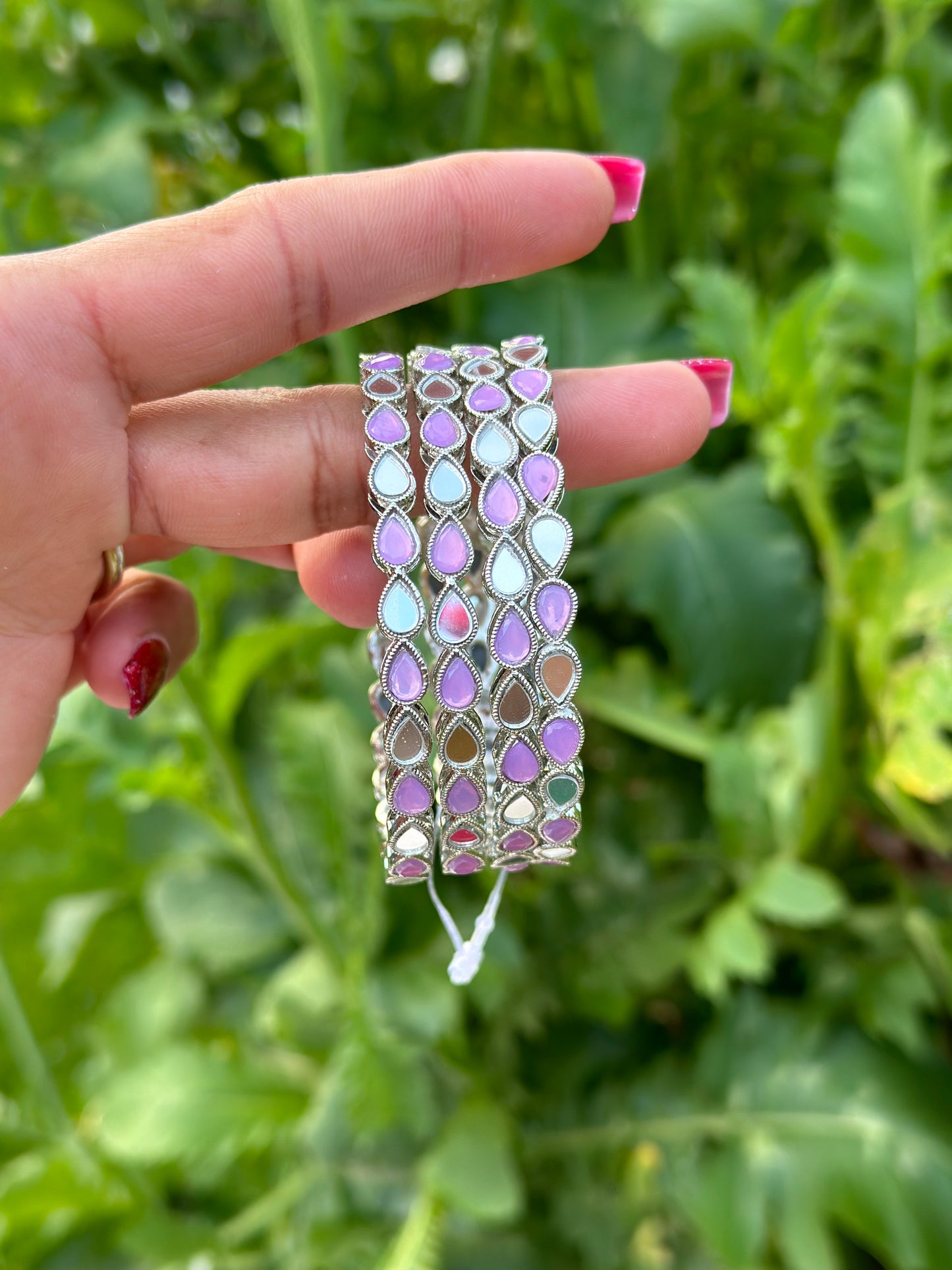 Lavender purple Kangan / bangles in mirror in silver ( set of 4 )