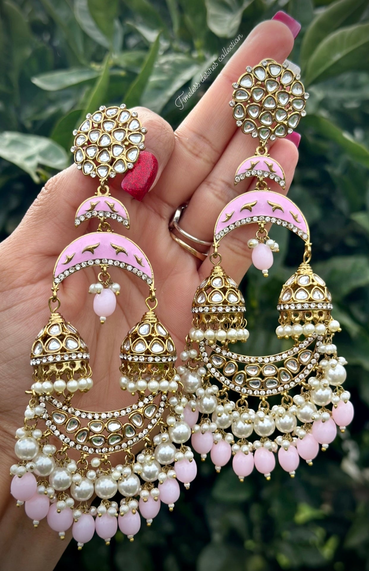 ( ITEM Code E-1 ) Baby pink colour jhumka drop earrings in Meenakari Kundan ( statement PC , High quality )