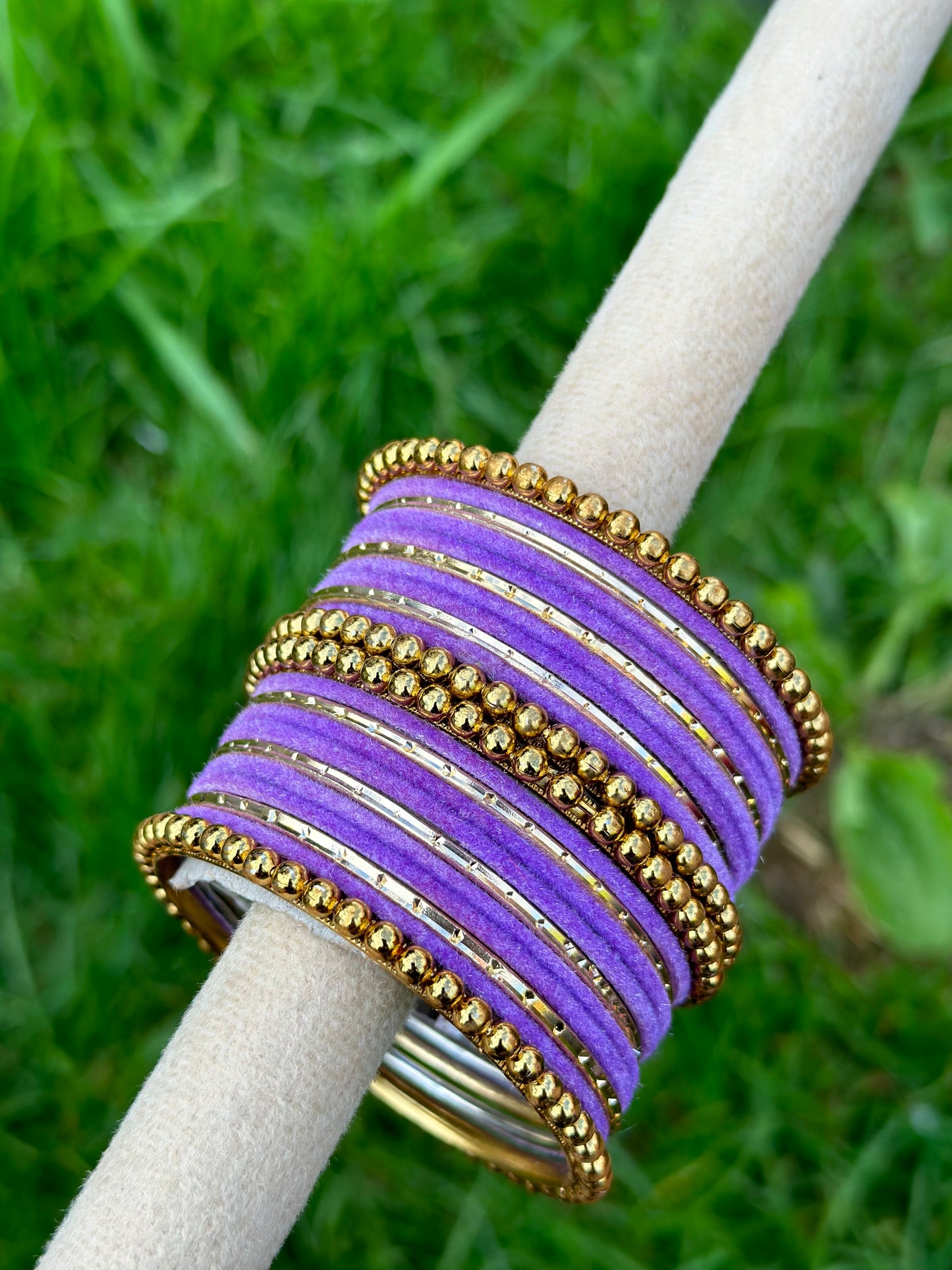 Lavender Purple velvet bangles set with golden beaded kangan’s