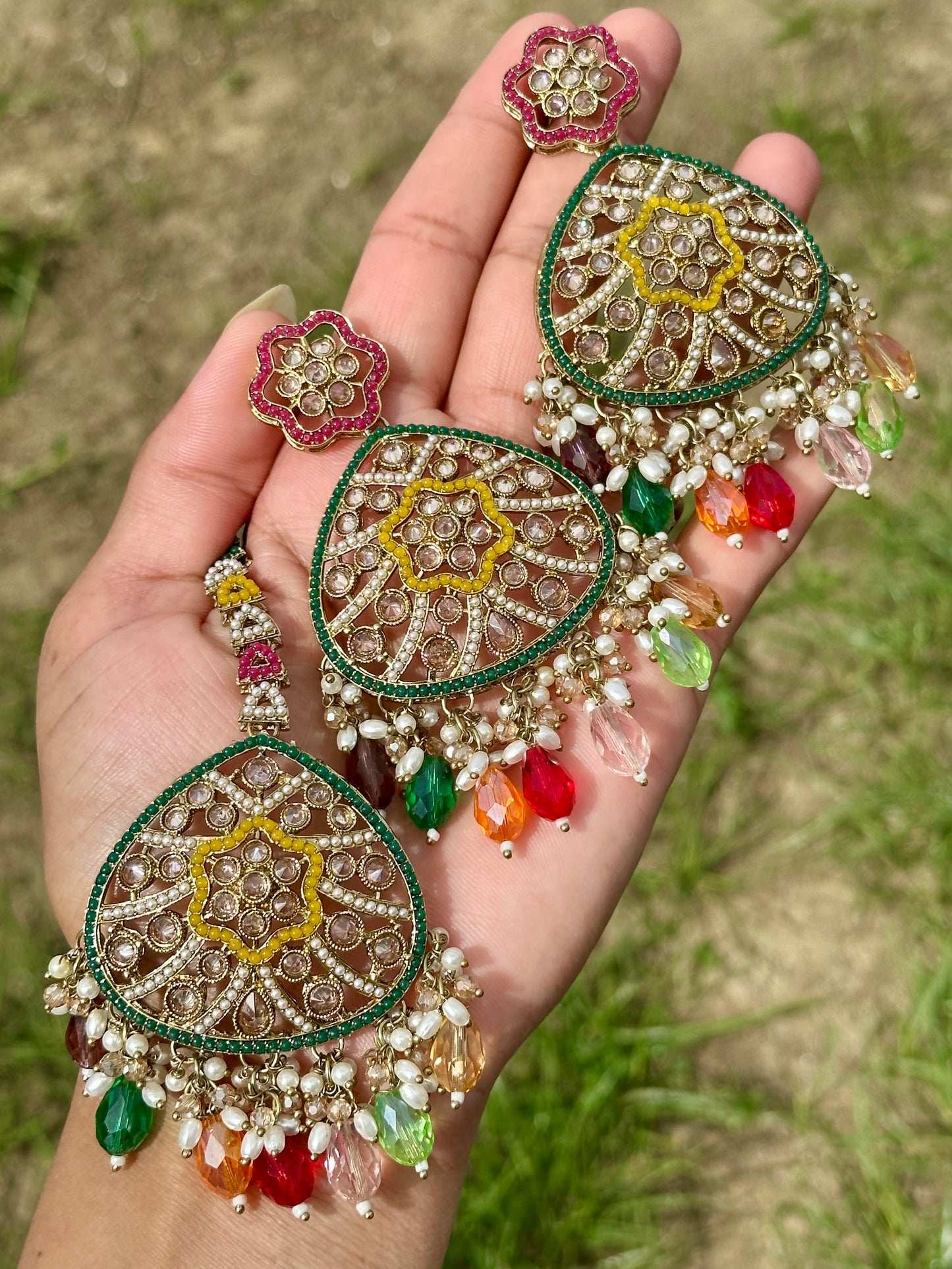 Multi colour earrings with tikka - J21
