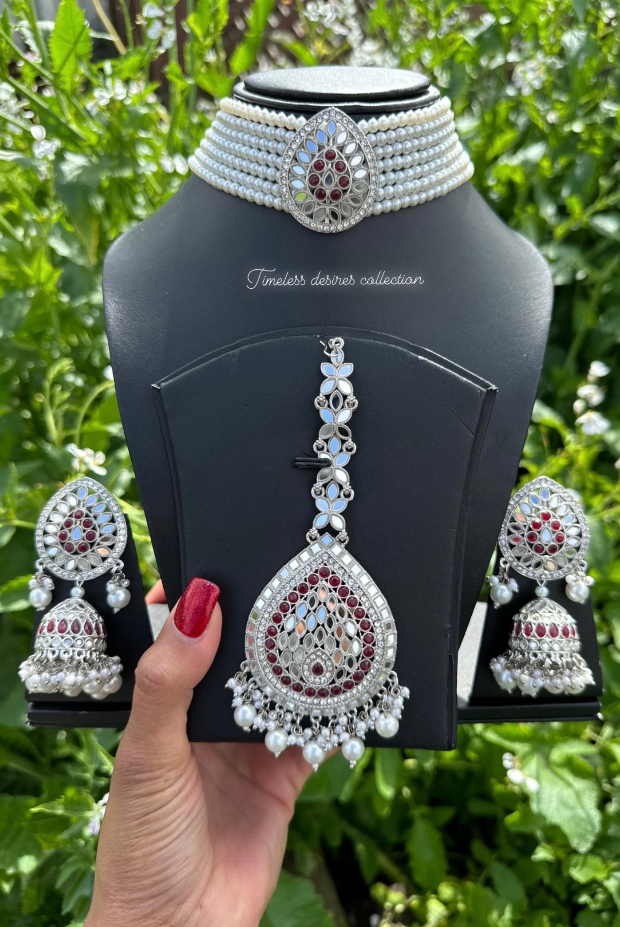 Maroon choker / necklace set in mirror with Jhumka earrings in silver polish