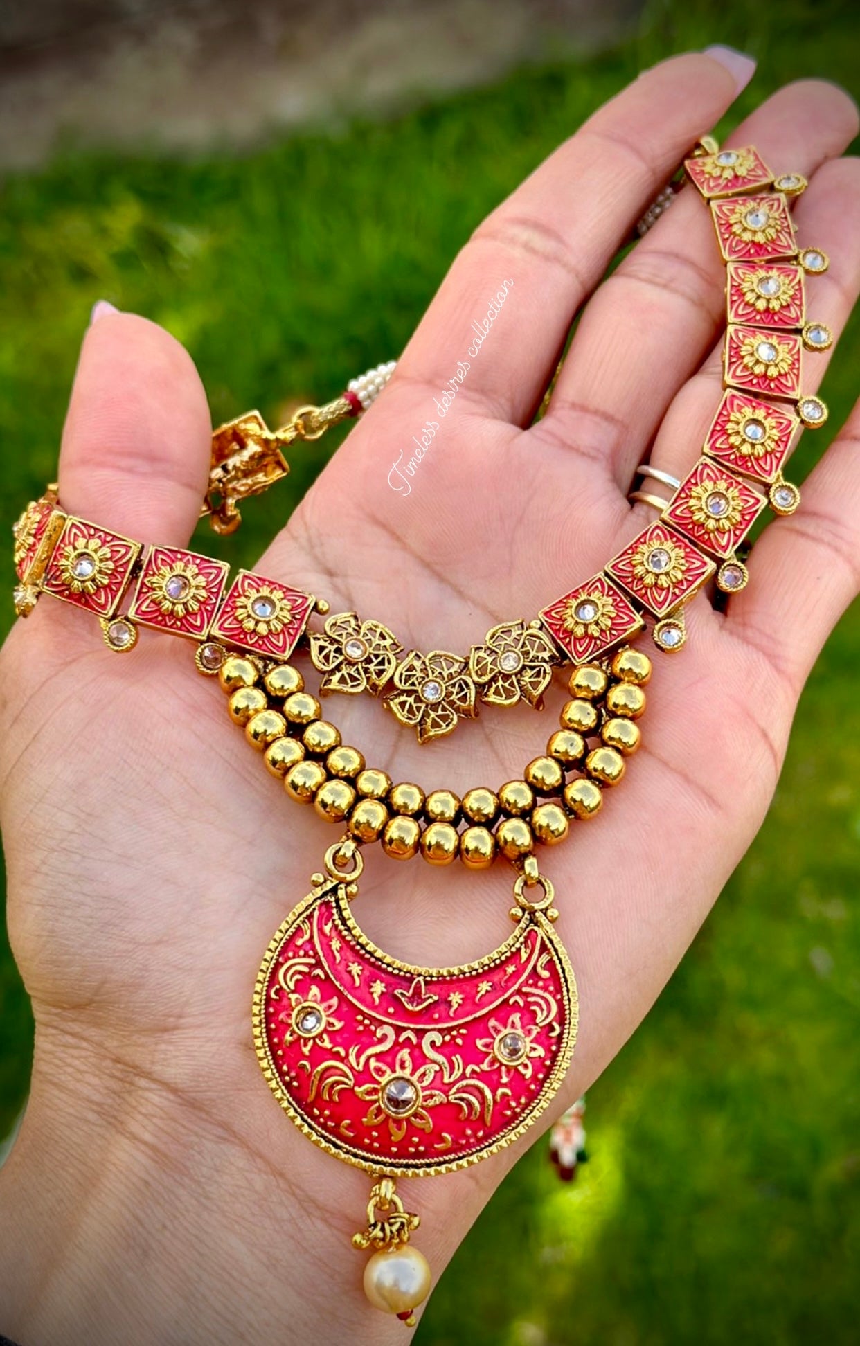 Red Gold plated necklace set in Meenakari with Bell sound earrings in Antique look