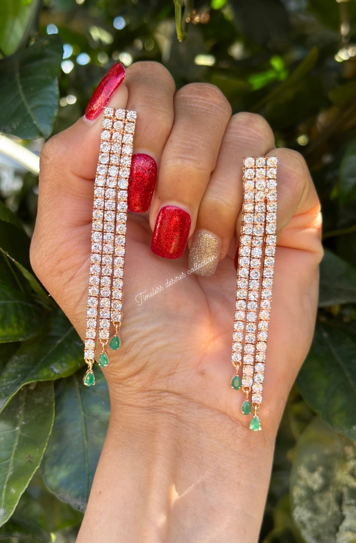 Green with rose golden American diamond earrings