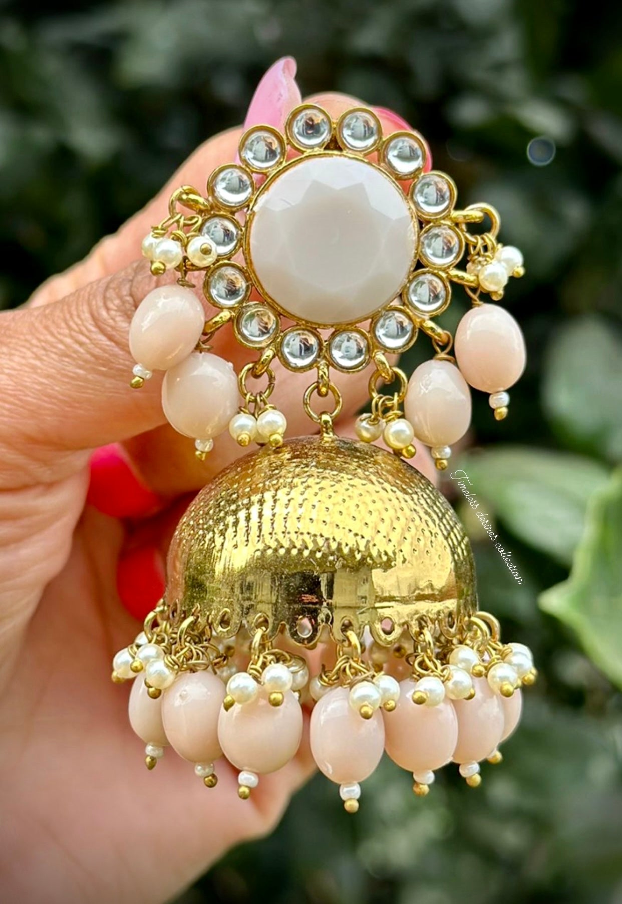 Peach kundan Jhumka earrings on sold copper base ( high quality )