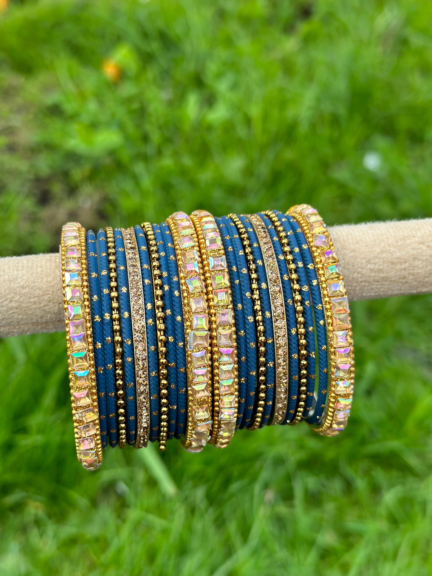 Blue colour bangles with shiny golden kangan’s ( set of both hands )