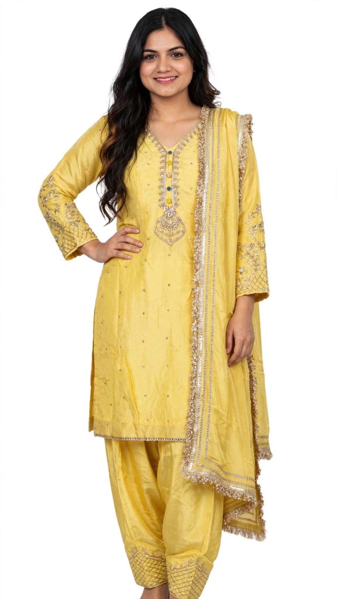 Lemon Yellow Handwork suit on pure Twill Organza silk with handwork crape salwar paired up with soft Pure Duppata - Code 074