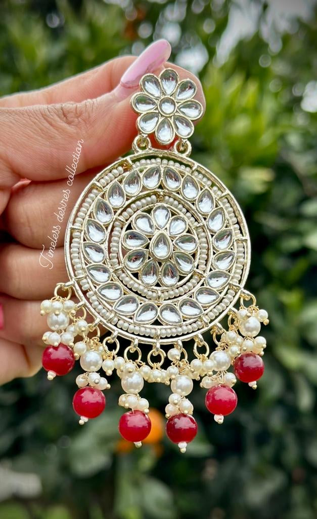 Maroon Earrings in white kundan