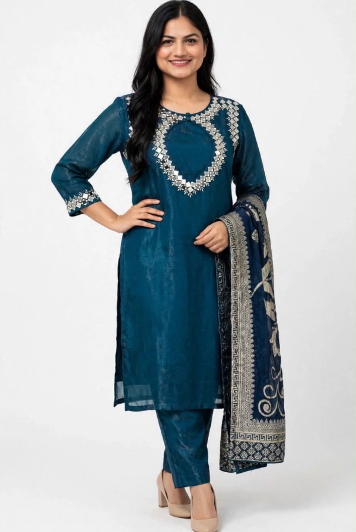 Indo western Mirror work party wear suit in glass silk fabric in colour Teal Blue, with free earrings, Code: RE53