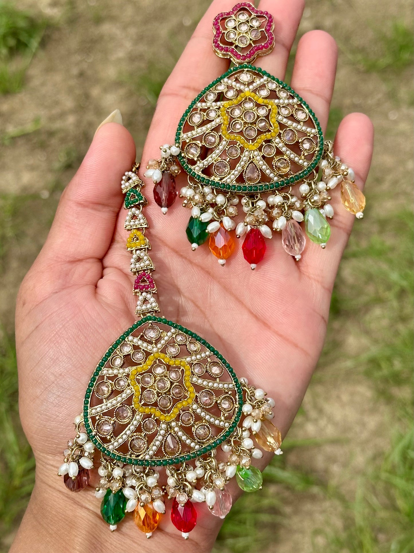 Multi colour earrings with tikka - J21