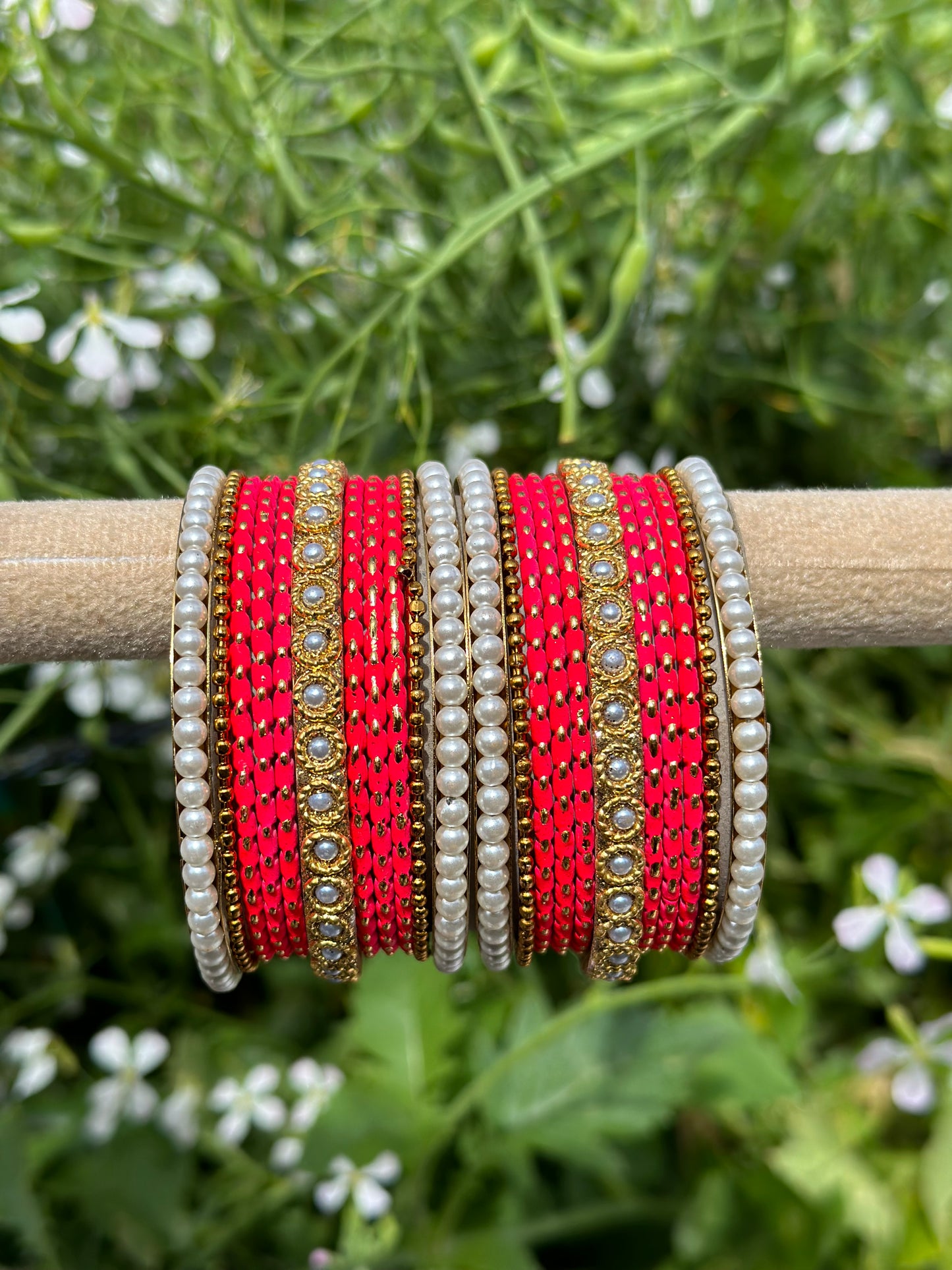 Carrot Red Pearl loaded bangles set ( both hands )