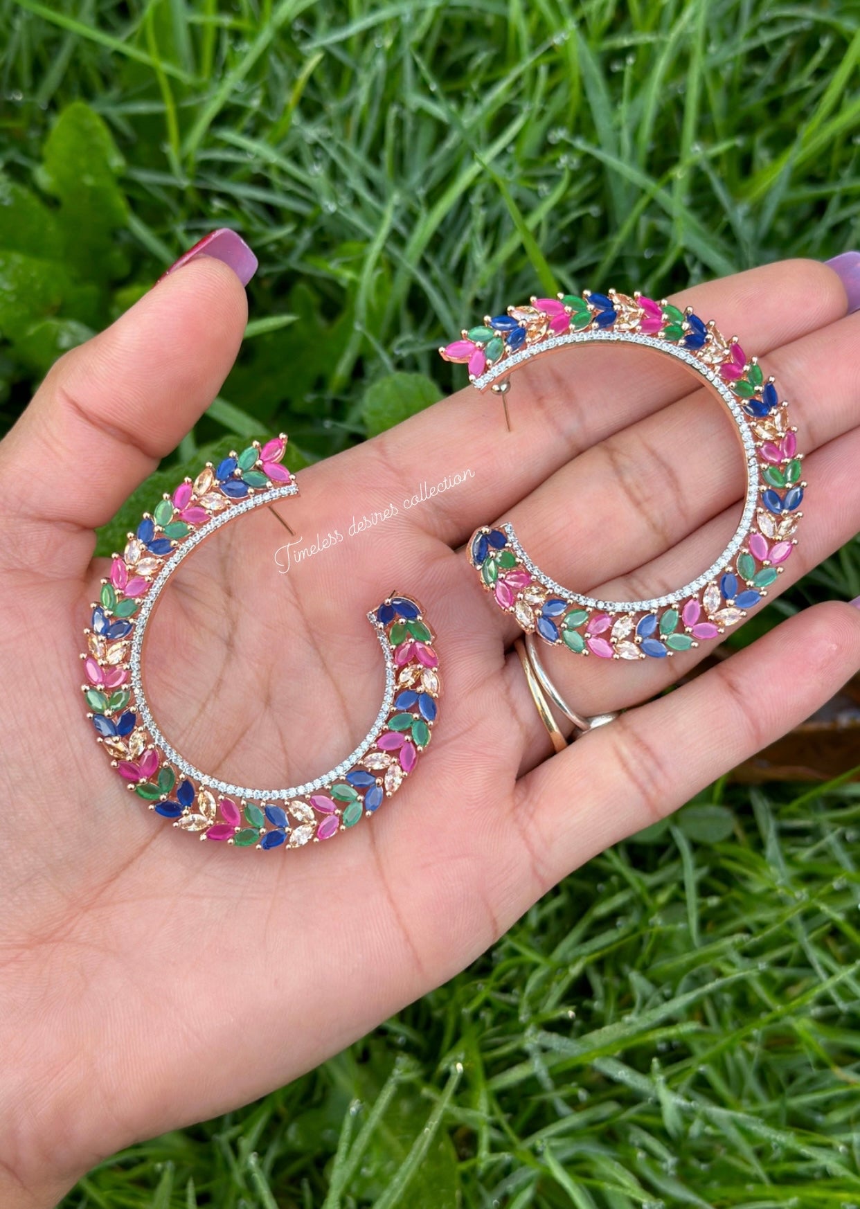 Multi colour American diamond earrings hoops ( waliya )