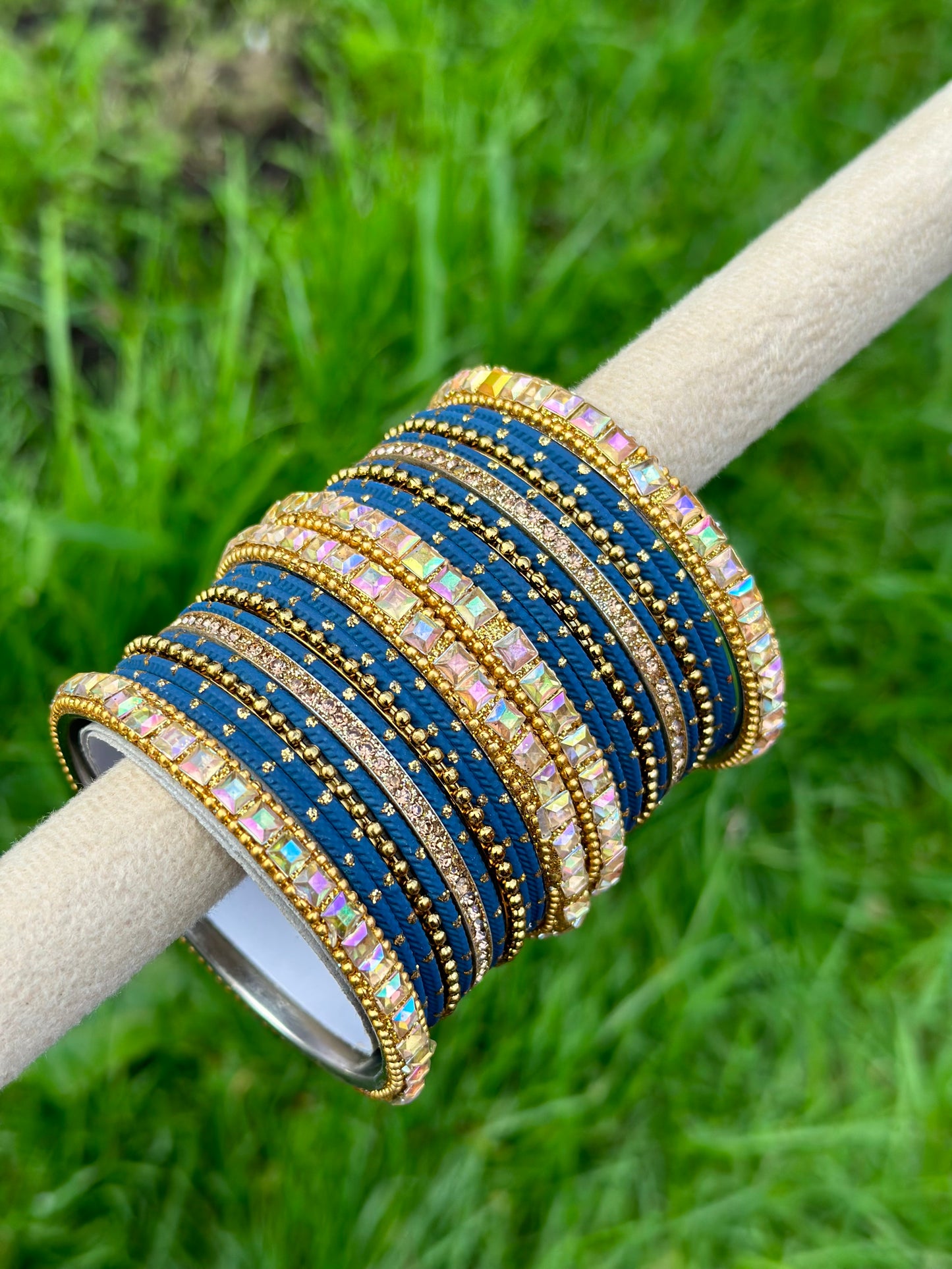 Blue colour bangles with shiny golden kangan’s ( set of both hands )