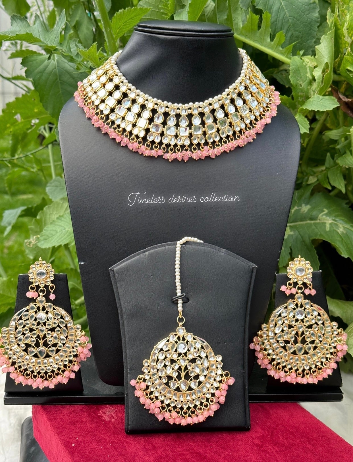 Baby pink Necklace / choker set in Kundan with oversized earrings and tikka ( high quality )