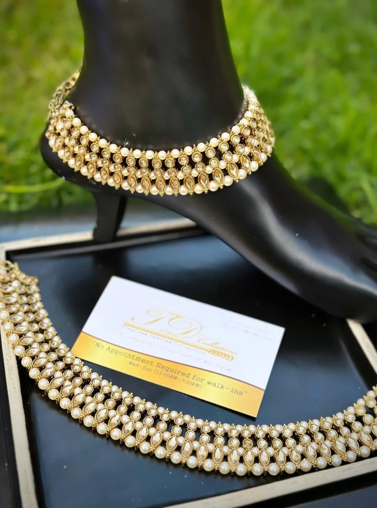 Triple stone golden Polki anklets / jhanjra (TD-21)
