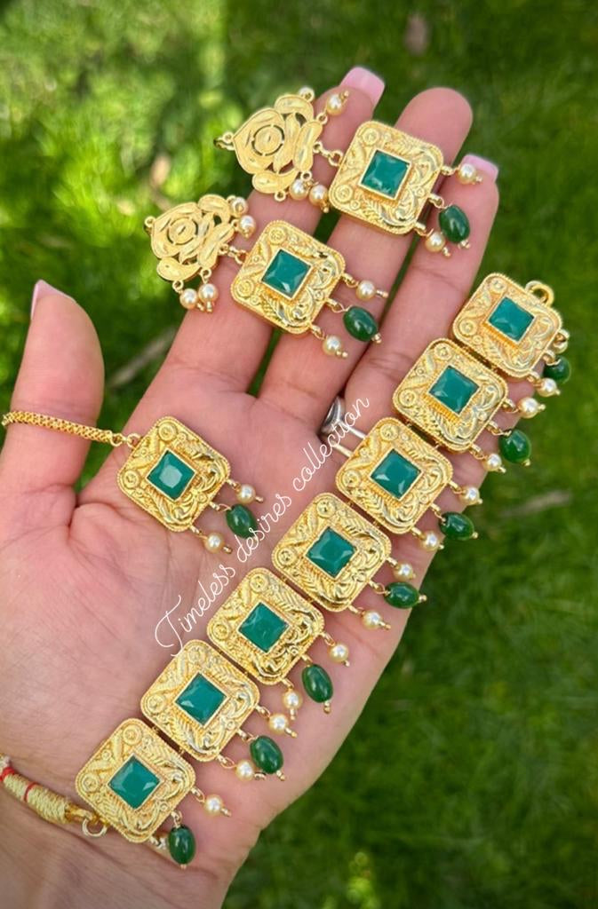Gold Plated Punjabi Traditional Jewellery set in Green