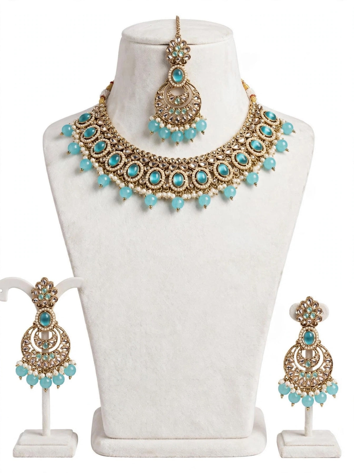 Necklace set with earrings & tikka, Colour: Sky blue, Code: X42