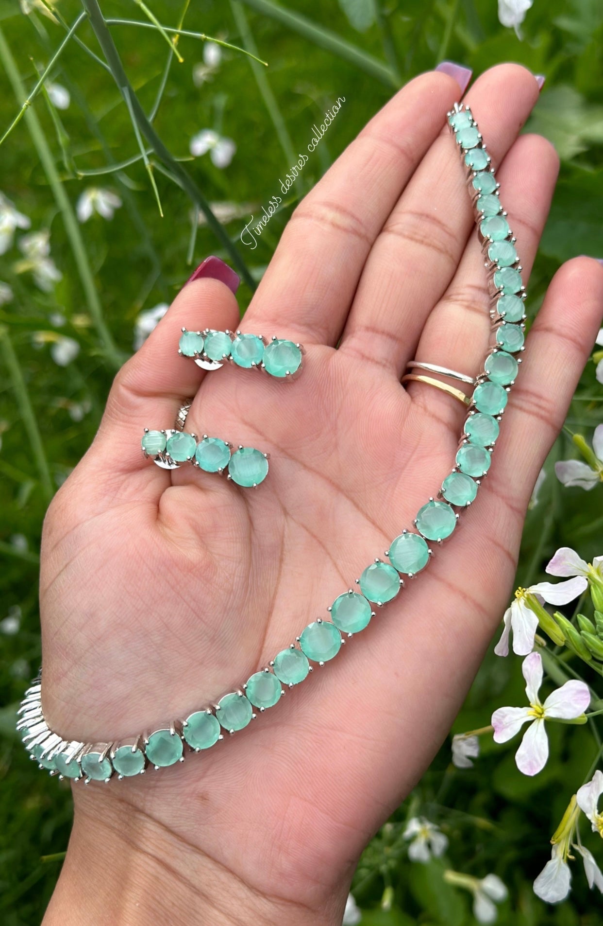 Mint green colour American diamond necklace set in silver