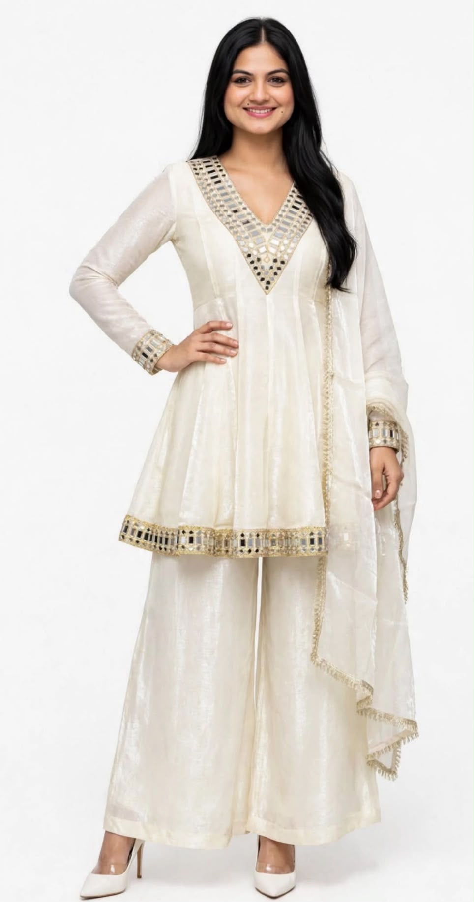 Indo Western style White Anarkali on Glass silk, Code:365