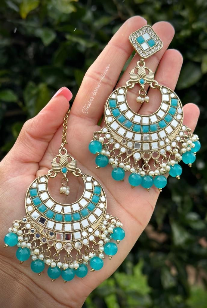 Sky blue earrings and tikka set in mirror