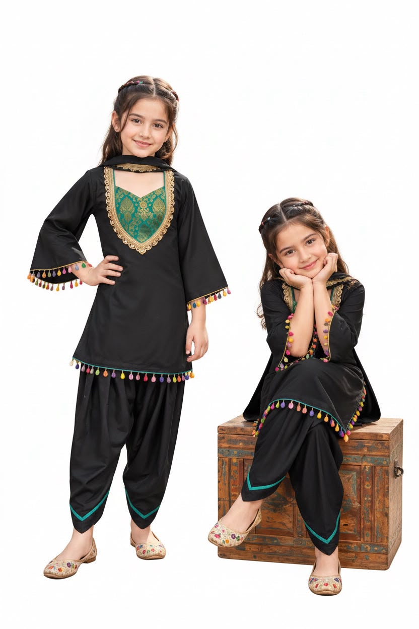 Kids salwar suit in beautiful black colour enhanced with stunning laces , paired up with printed duppta : Semi Crape Fabric