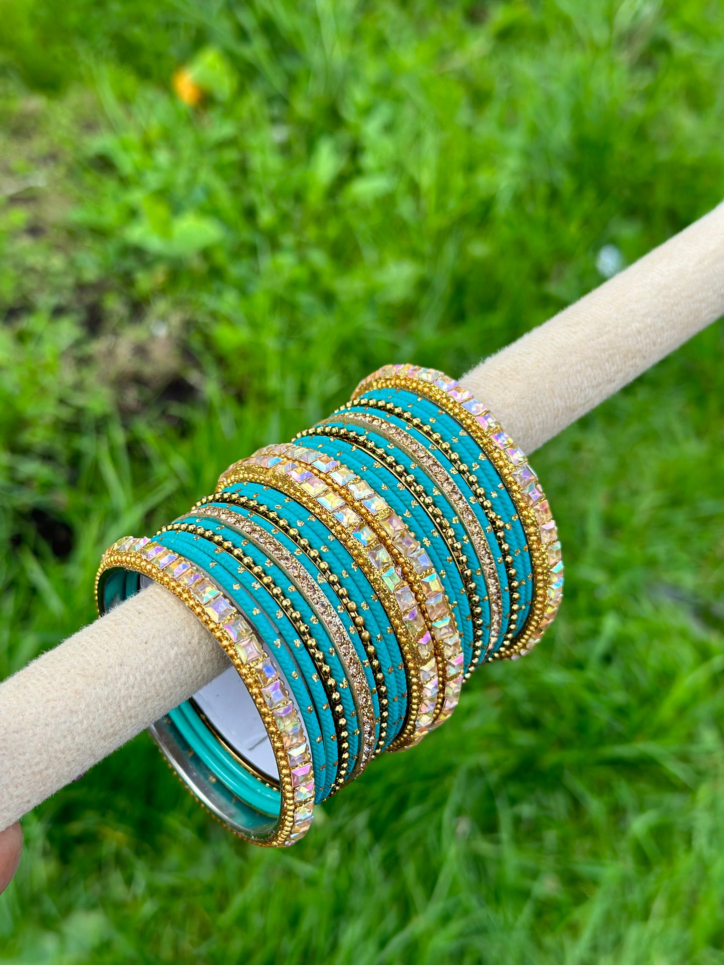 Sky Blue colour bangles with shiny golden kangan’s ( set of both hands )