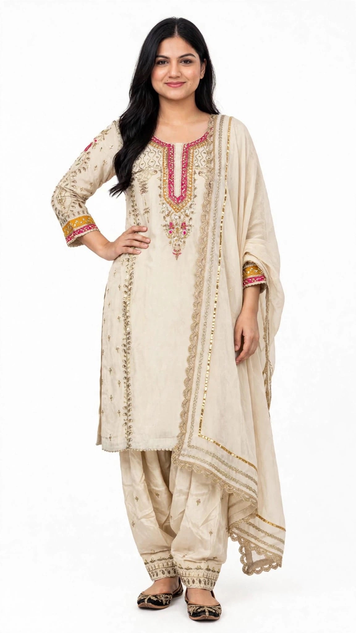 Premium PC - Organza Silk Base heavy handwork designer Kameez with Pure crape handwork salwar paired up with Taby soft Duppatta : Colour - Beige + Multi ( Code - 065 )