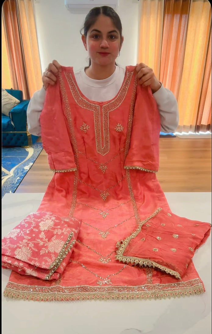Taking Preorders only, 3-4 weeks time. Gajri salwar suit on shimmer silk with Banarsi- ( Code: 666 )