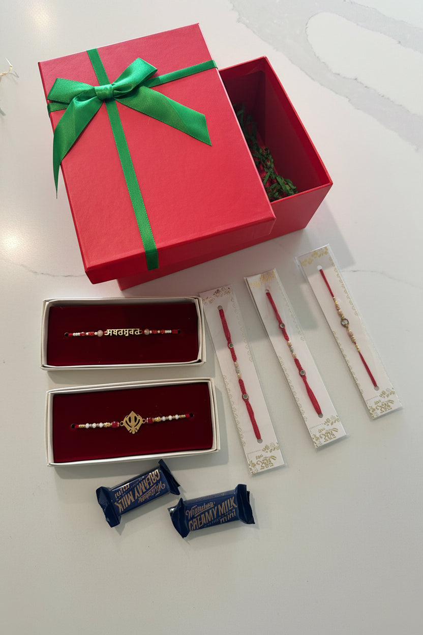 Hamper box with 5 Rakhi’s ( 2 Anti Tarnish premium rakhi + 3 extra simple Rakhi packs ) with chocolate