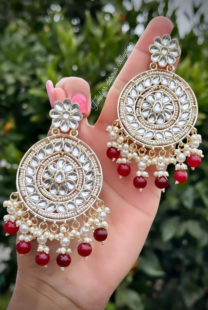 Maroon Earrings in white kundan
