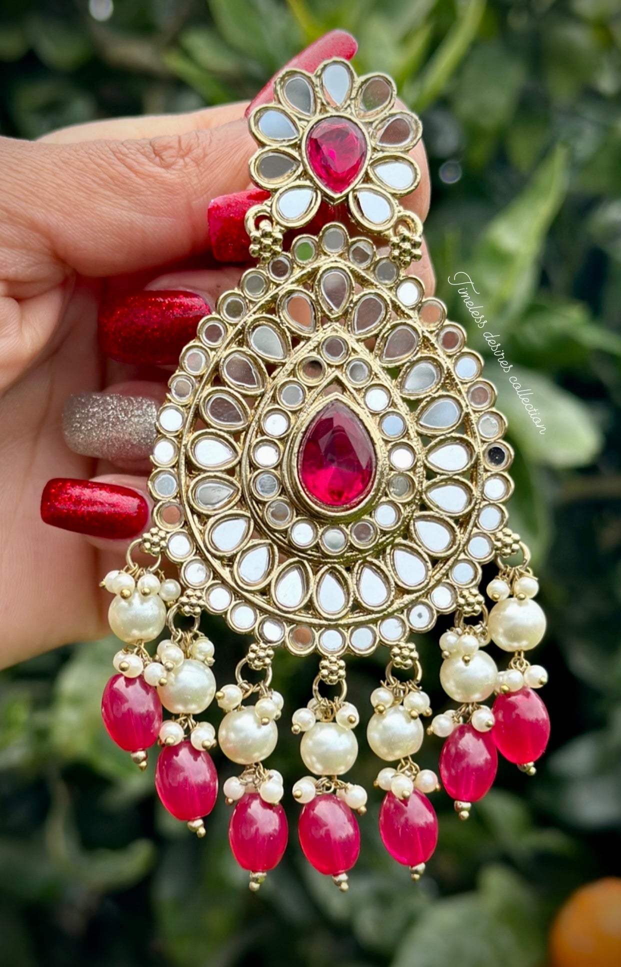 Hot pink earrings in sheesha Mirror