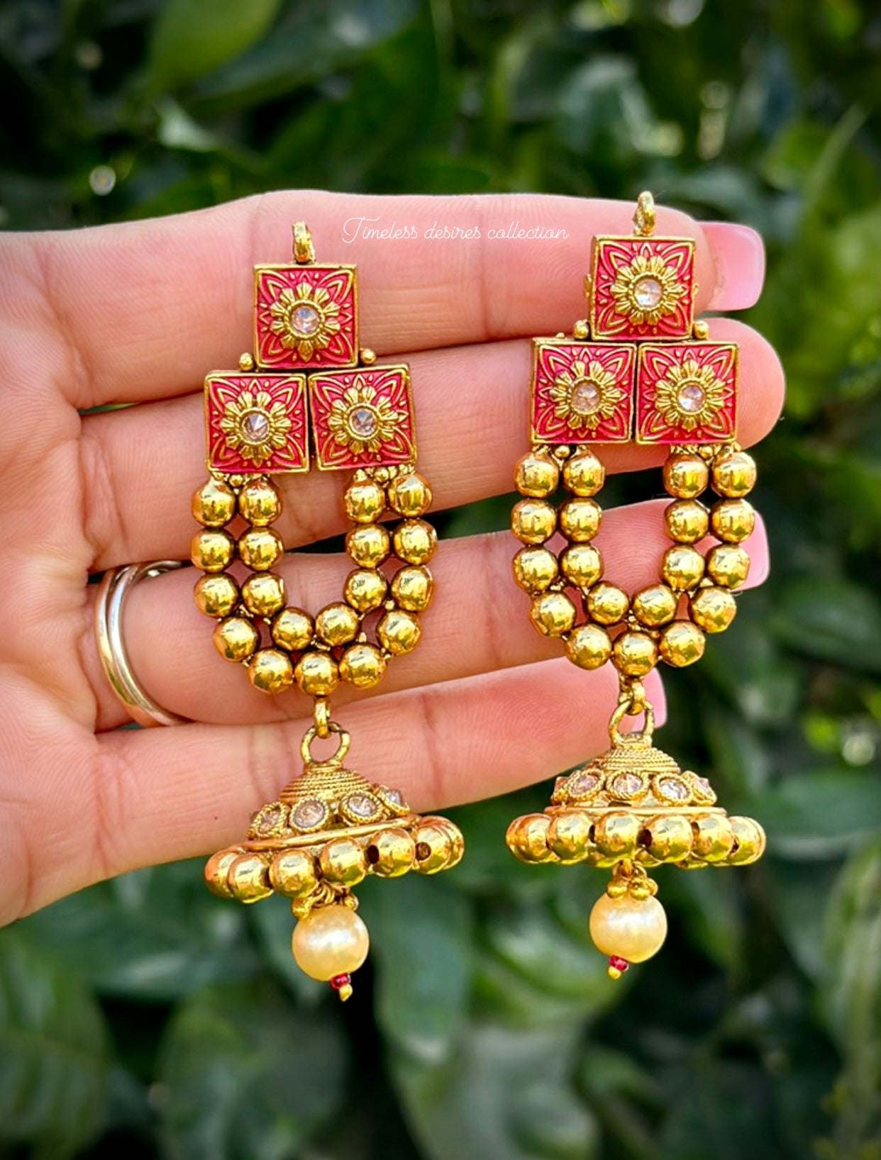 Red Gold plated necklace set in Meenakari with Bell sound earrings in Antique look