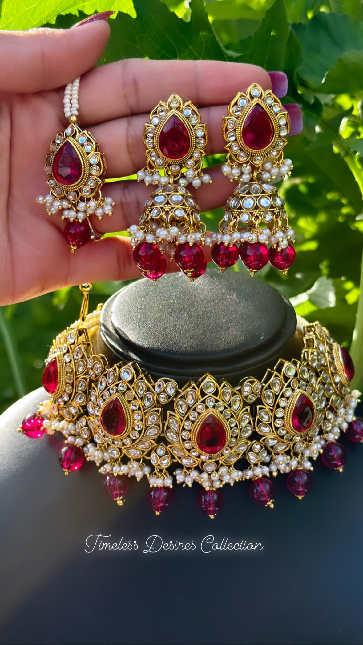 Hot pink ( Magenta ) choker / necklace set in Kundan with antique polish-N29