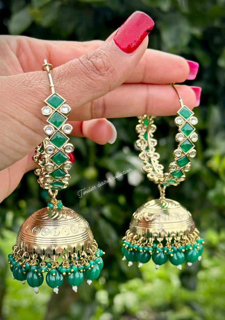 Green colour Jhumka waliya earrings in Polki & Kundan on copper base ( high quality )