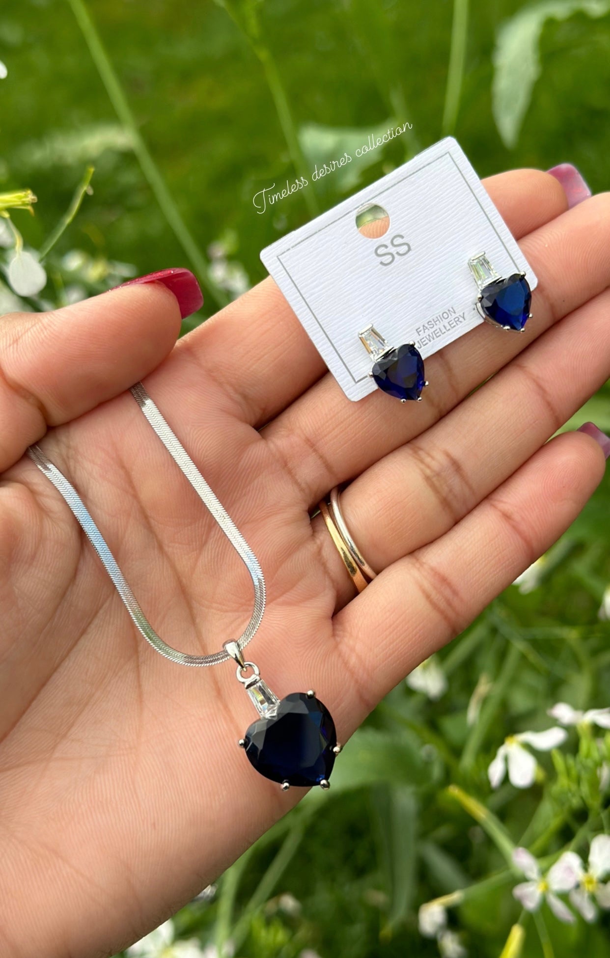 Blue American diamond necklace set with earrings in silver polish