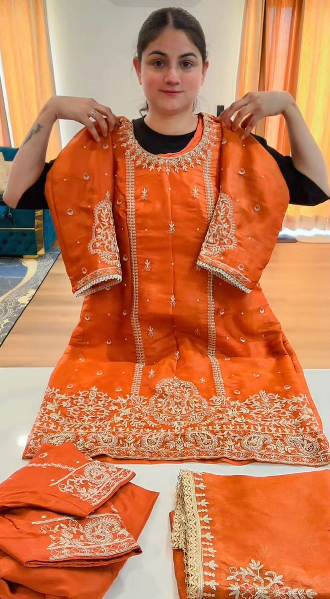 Partywear hand + tilla work suit (Colour: rust), Code: 249