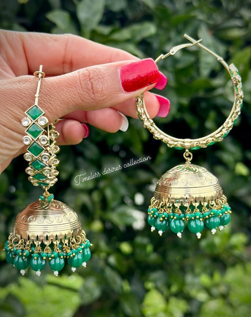 Green colour Jhumka waliya earrings in Polki & Kundan on copper base ( high quality )