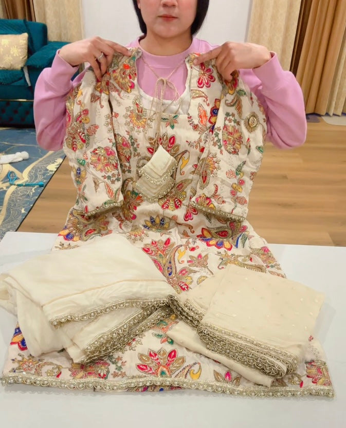 Off White Hand embroidered sharara suit- Code: 607