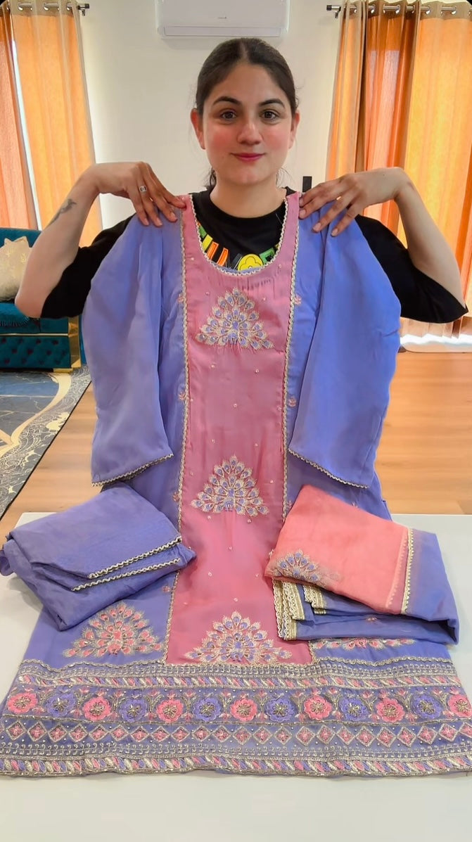 Partywear hand + tilla work suit (Colour: peach + powder blue), Code: 250