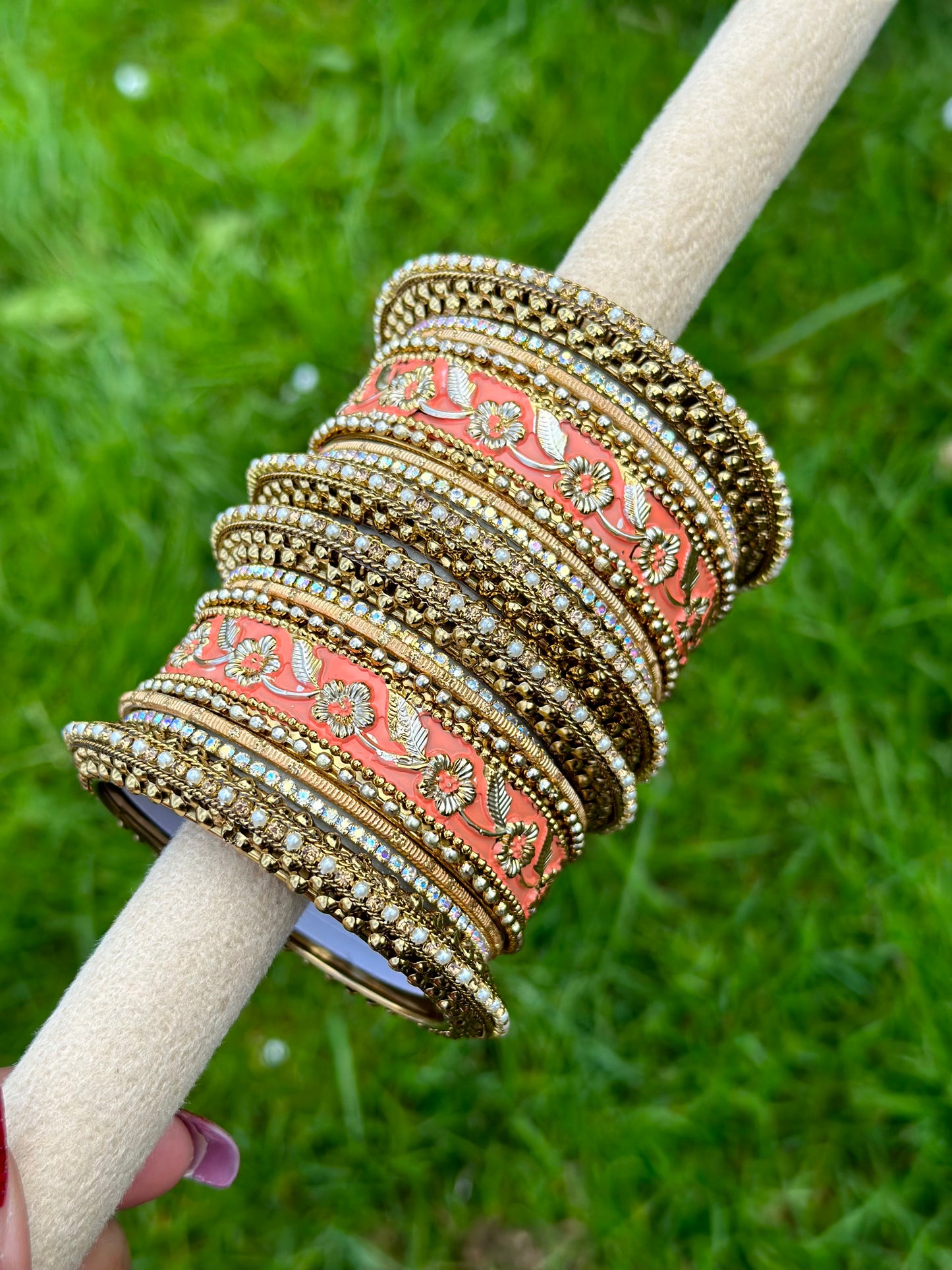 Peach colour Rajwadi Style Meenakari bangles set ( set of Both hands )