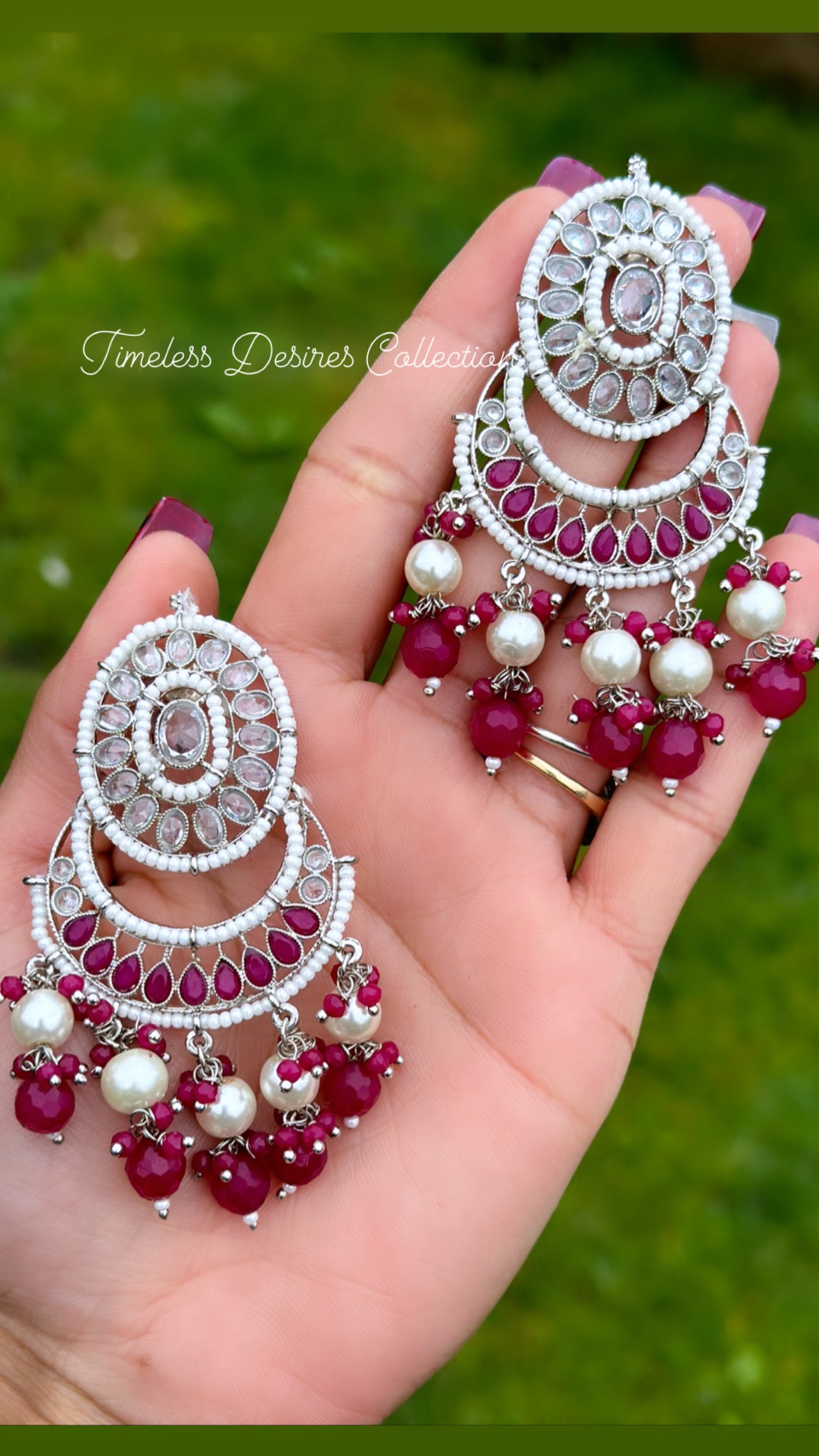 Pink earrings in silver with polki