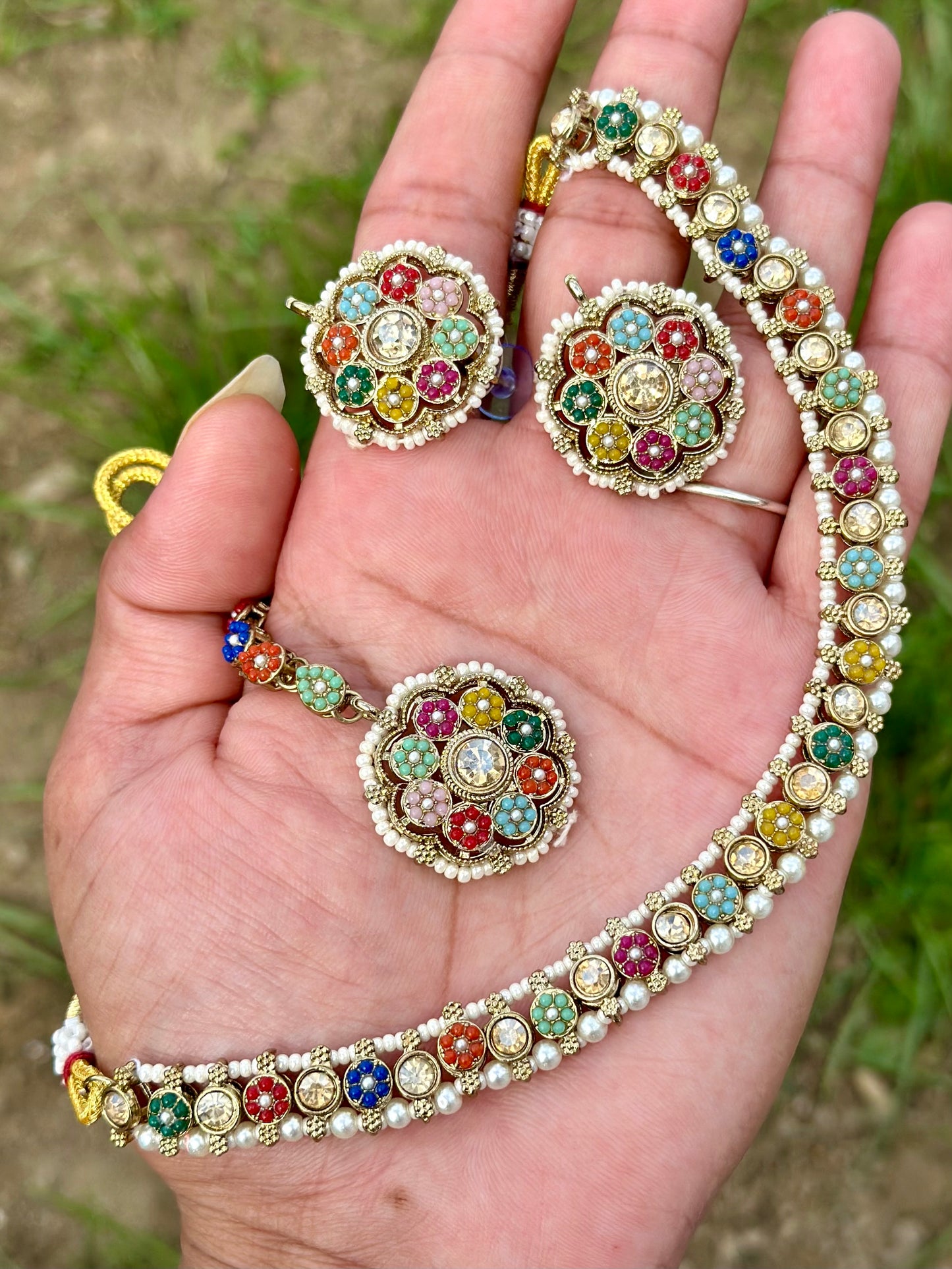 Multi Necklace set with earrings and tikka - J27