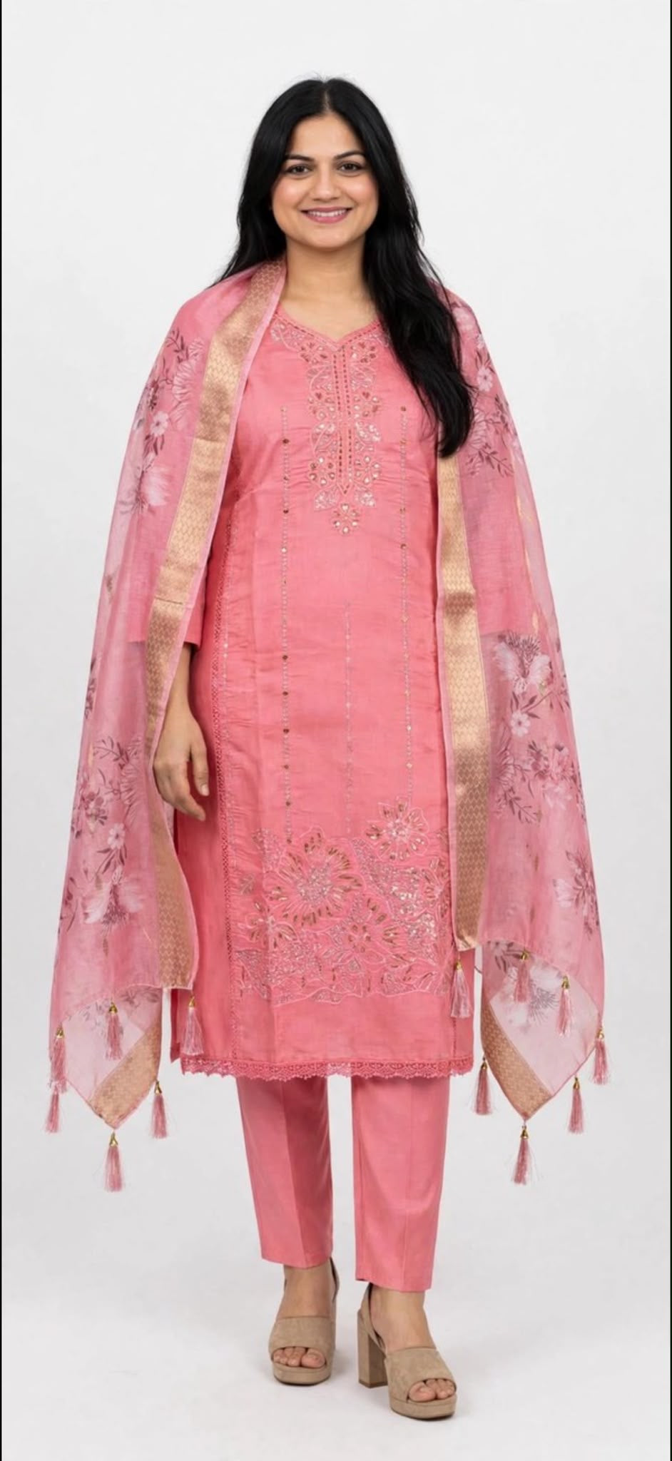 Light pink Handwokr 3 pcs Pant suit with Banarsi duppta on Rayon fabric, Code: RE25