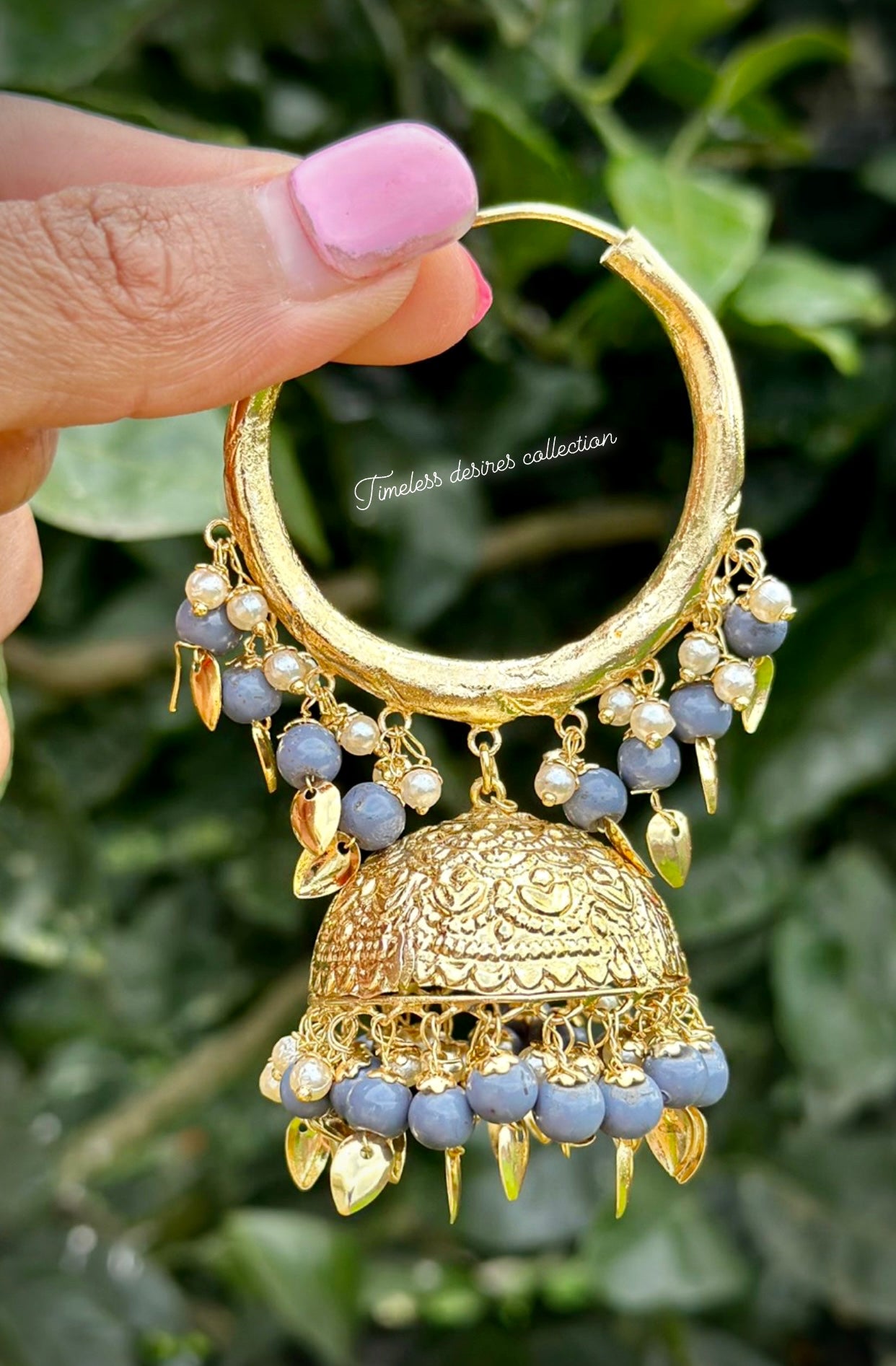 Grey Jhumka waliya earrings with Tikka in pipal patti in traditional jewellery