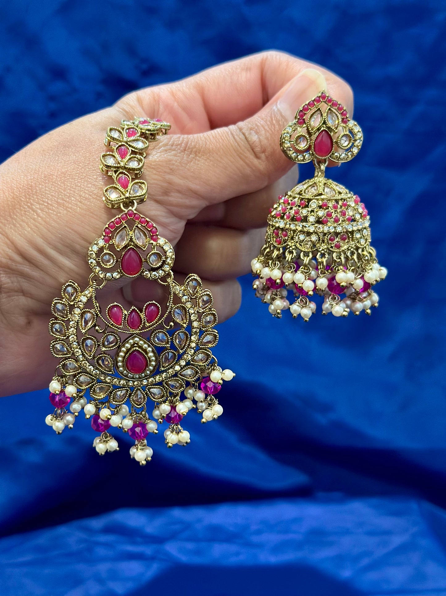 Earrings with tikka in polki, Colour: Pink, Code: 093