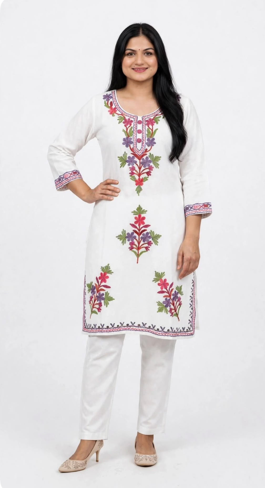 Kashmiri work white and multi co ord set in Cotton - code 347
