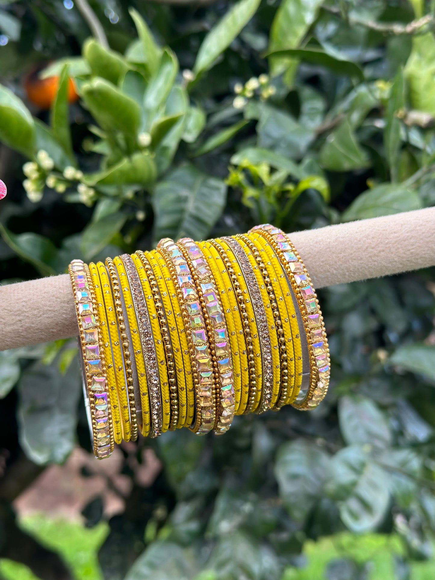 Yellow colour bangles with shiny golden kangan’s ( set of both hands )