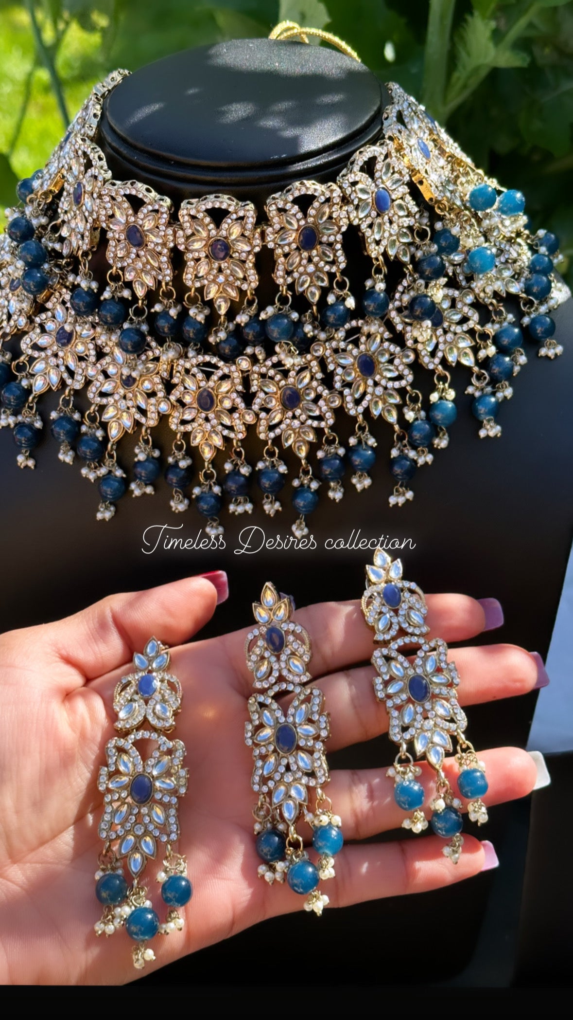 Blue double layer necklace/choker set in kundan
