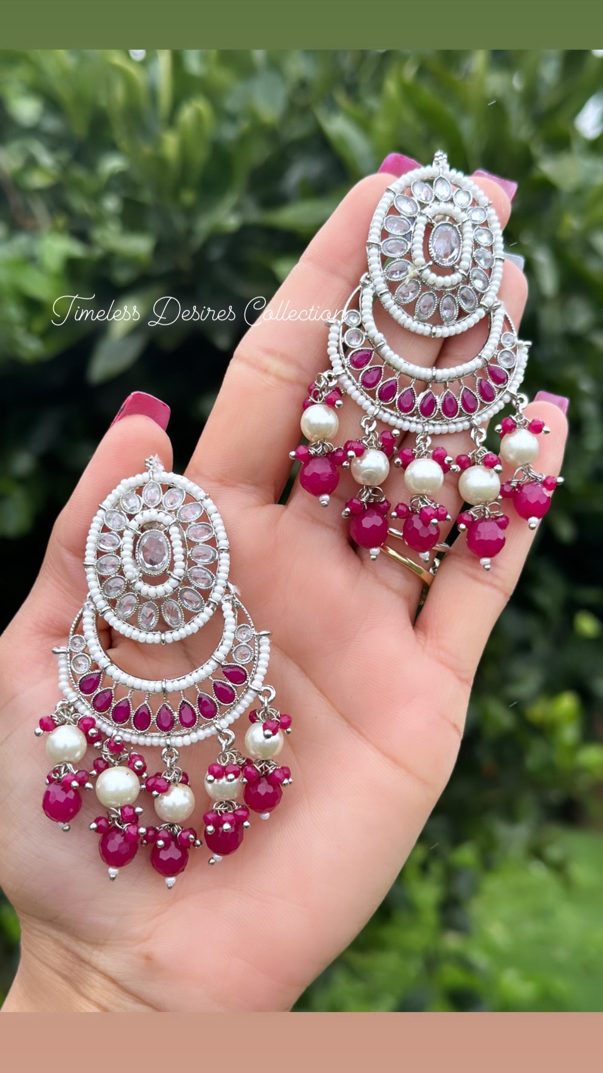 Pink earrings in silver with polki