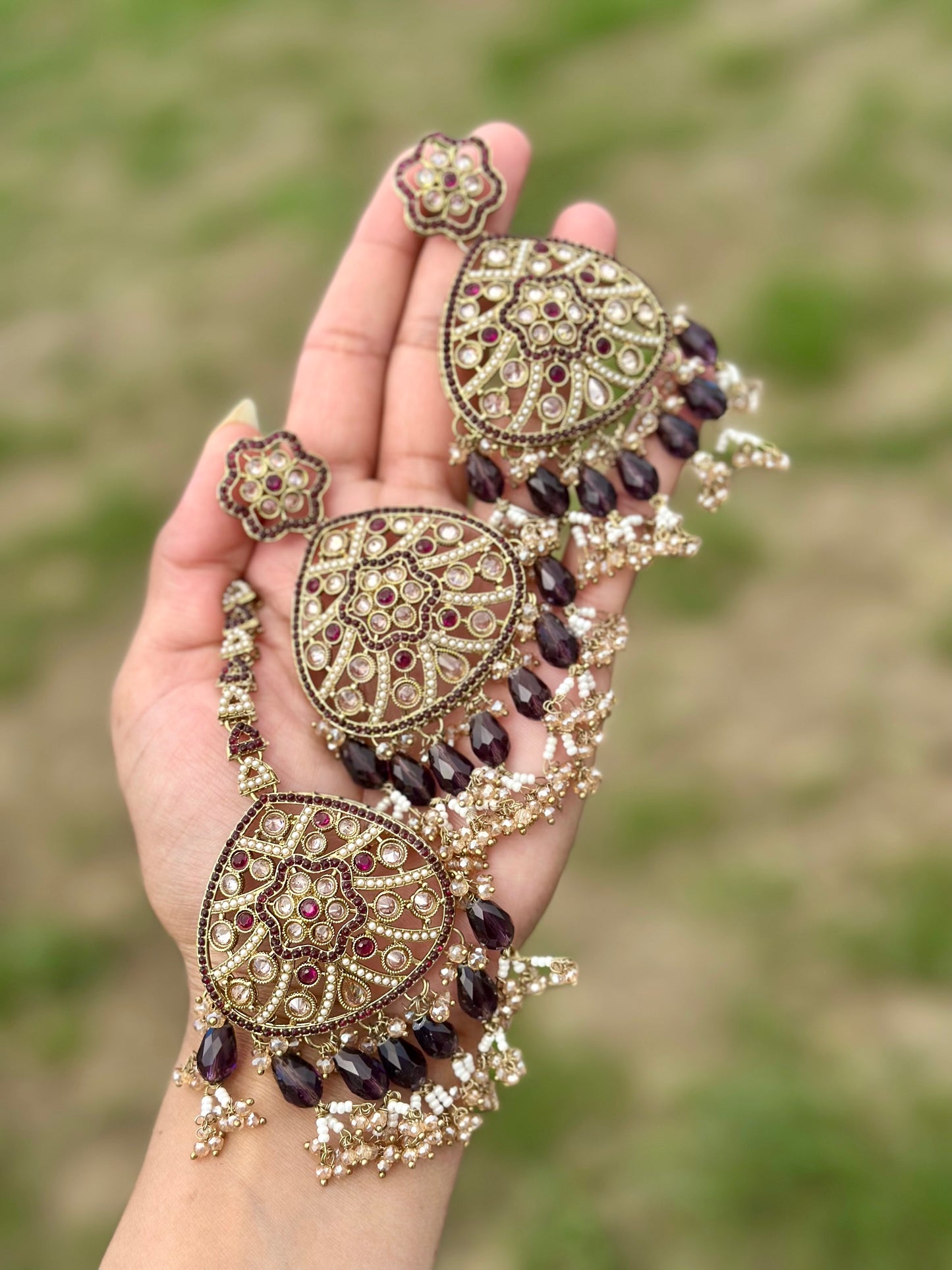 Dark purple earrings with tikka - J21